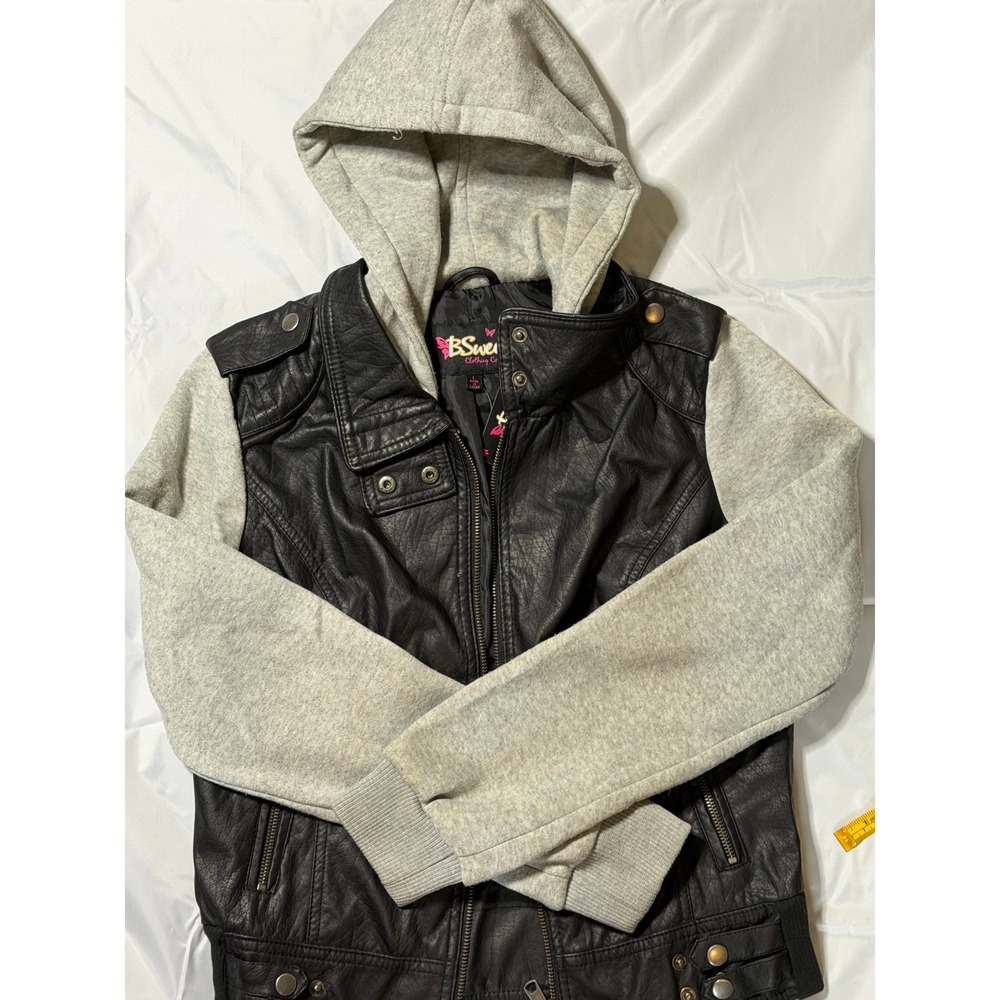 BSweet Womens Faux Leather Moto Jacket Grey Hoodie Sleeves Black Large NWT